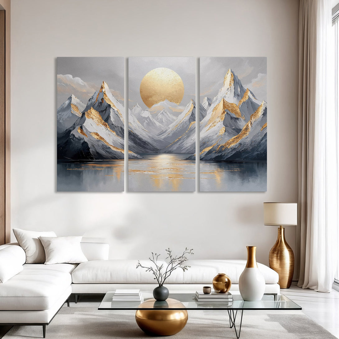 Canvas Print of a majestic mountain landscape in a modern, minimalist style. Features a gold and gray color palette, perfect for any decor.