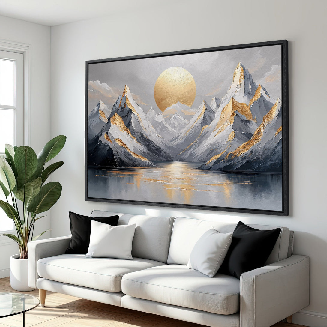 Framed Wall Art: Majestic mountain landscape canvas print in gold, gray, and black tones. Elevate your space with this stunning, modern art piece.