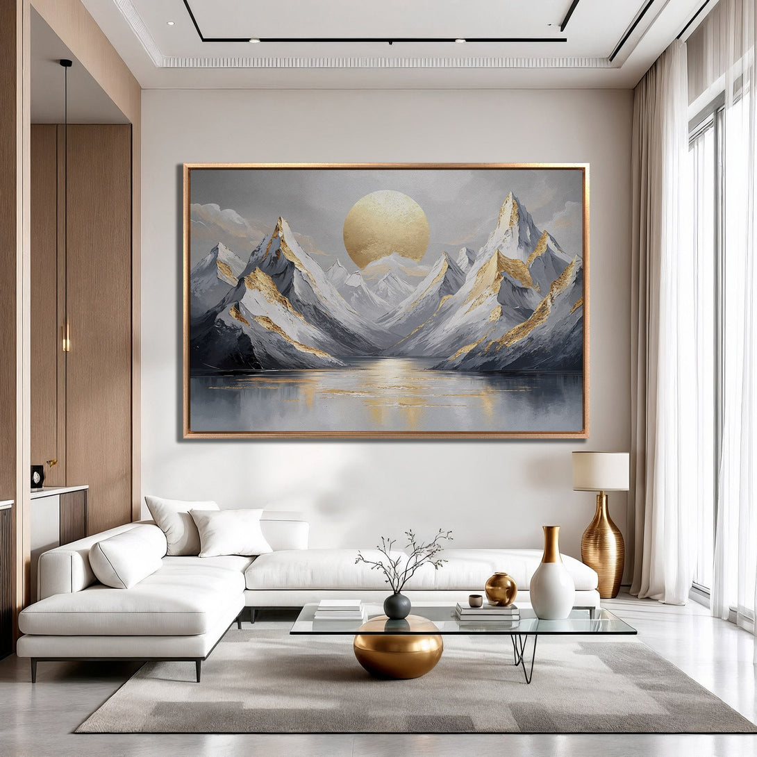 Framed Wall Art of a mountain landscape with a golden sun. Modern style, featuring a gray, gold, and white color palette. Perfect for any interior.