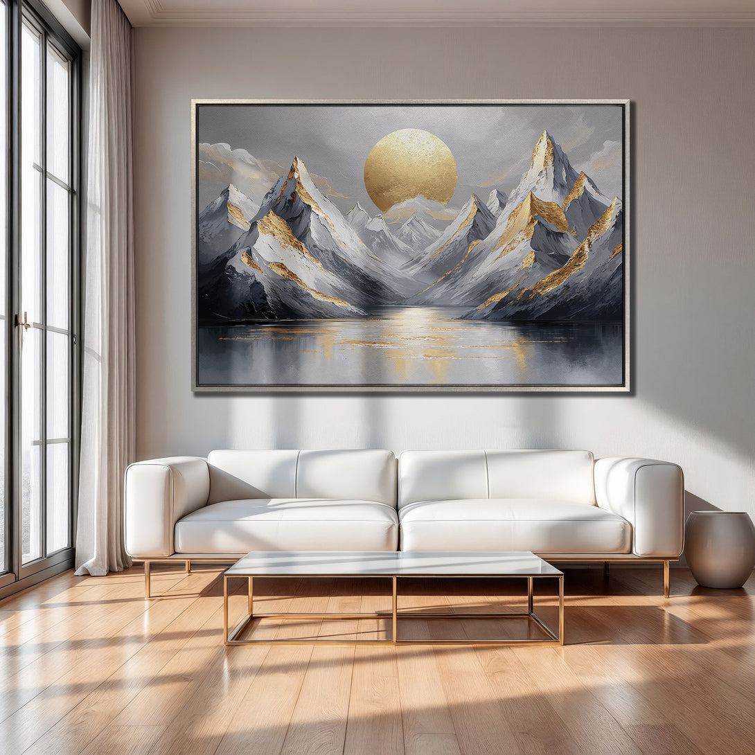 Framed Wall Art: Abstract mountain landscape canvas print in gray, gold, and white. Modern art for living room decor.
