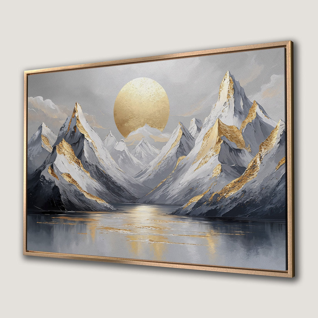 Framed Wall Art: Mountain landscape canvas print with gold accents, featuring a grey, gold, and white color palette. Perfect for modern home decor.