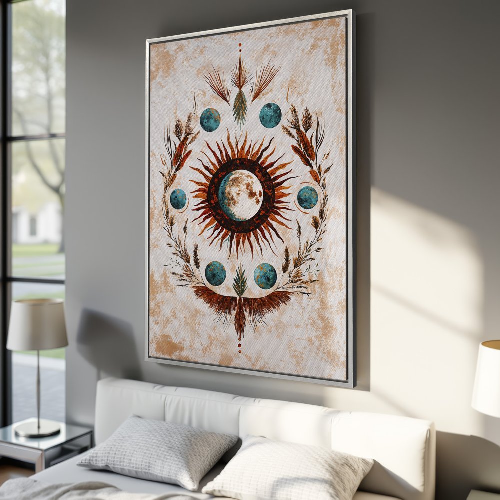 Framed Wall Art: Celestial sun and moon design in warm earth tones. Boho-inspired canvas print perfect for bedroom decor.