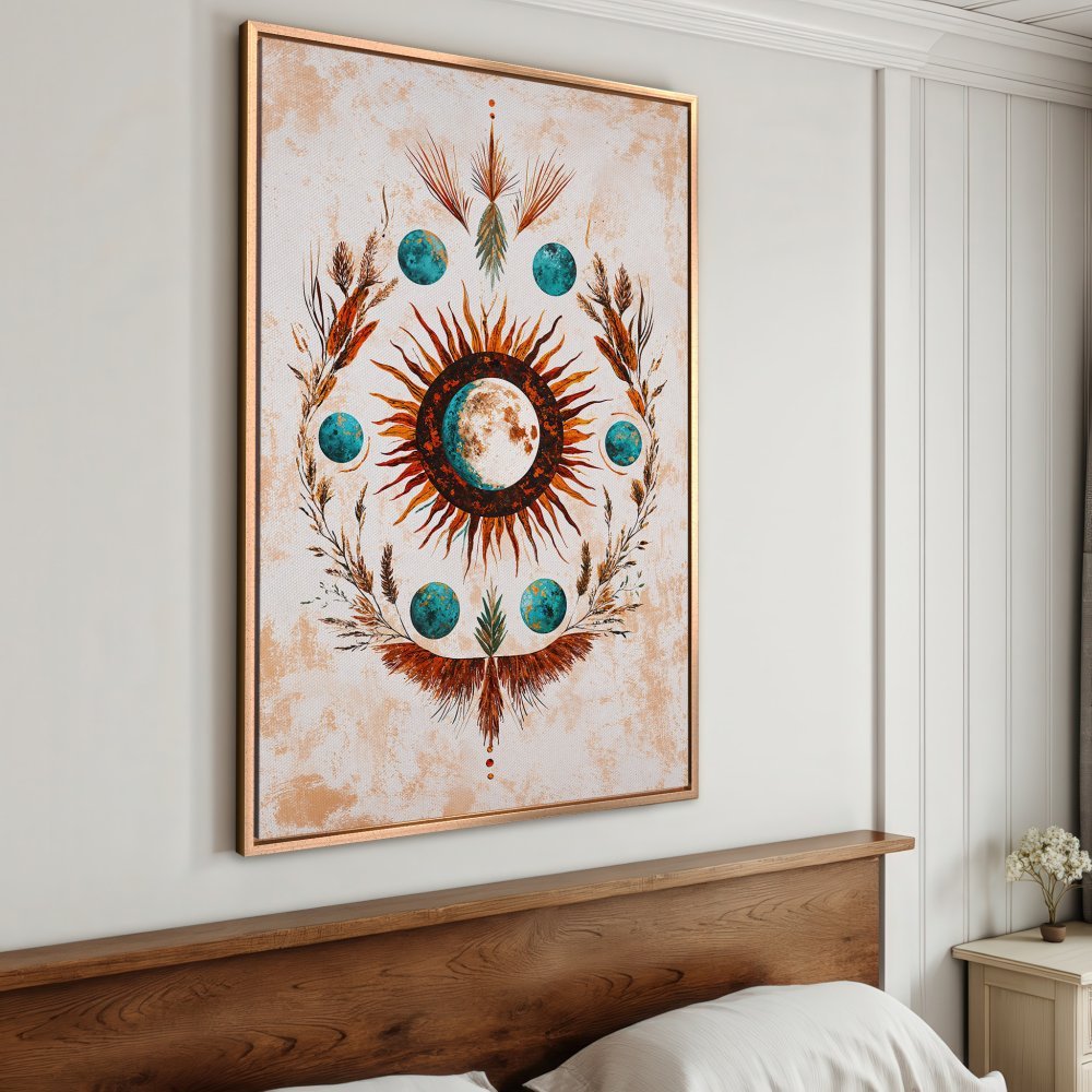 Framed Wall Art featuring a celestial sun and moon design in warm earthy tones with pops of turquoise, perfect for bohemian home decor.