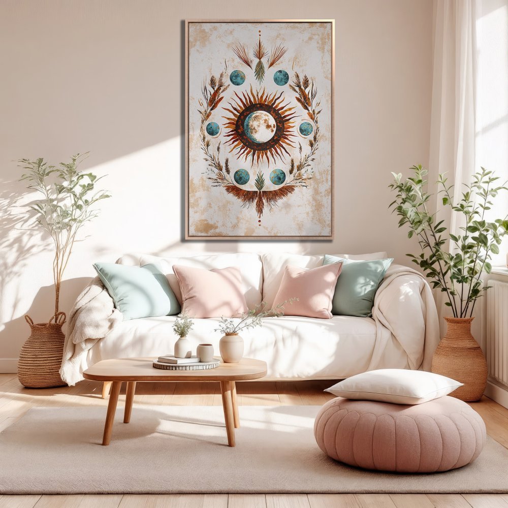 Framed Wall Art featuring a celestial sun and moon design in warm earth tones and teal, perfect for boho home decor.