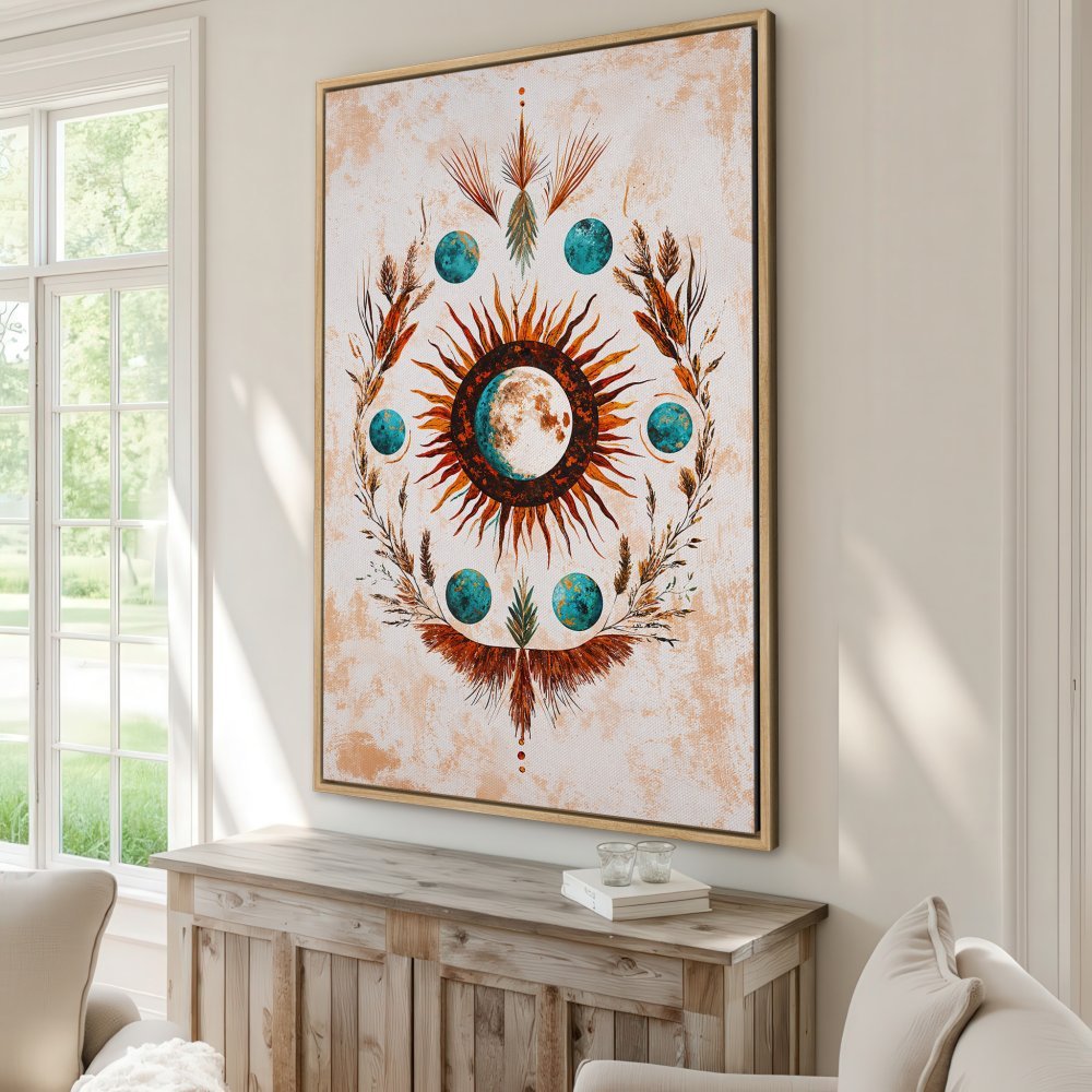 Framed Wall Art featuring a celestial sun and moon design in warm earth tones with teal accents, perfect for boho home decor.
