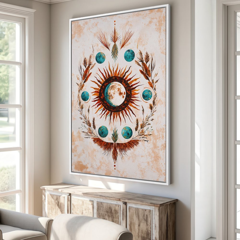 Framed Wall Art: Celestial sun and moon design in warm orange and teal tones. Boho style Canvas Print for a stylish interior.