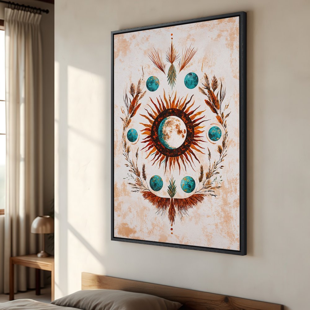 Framed Wall Art: Celestial design Canvas Print with sun, moon, and turquoise accents. Earthy tones and bohemian style for a unique home decor statement.
