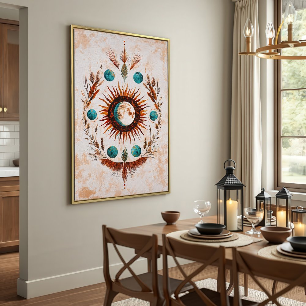 Canvas Print featuring celestial sun and moon art in warm earth tones, perfect for boho decor.