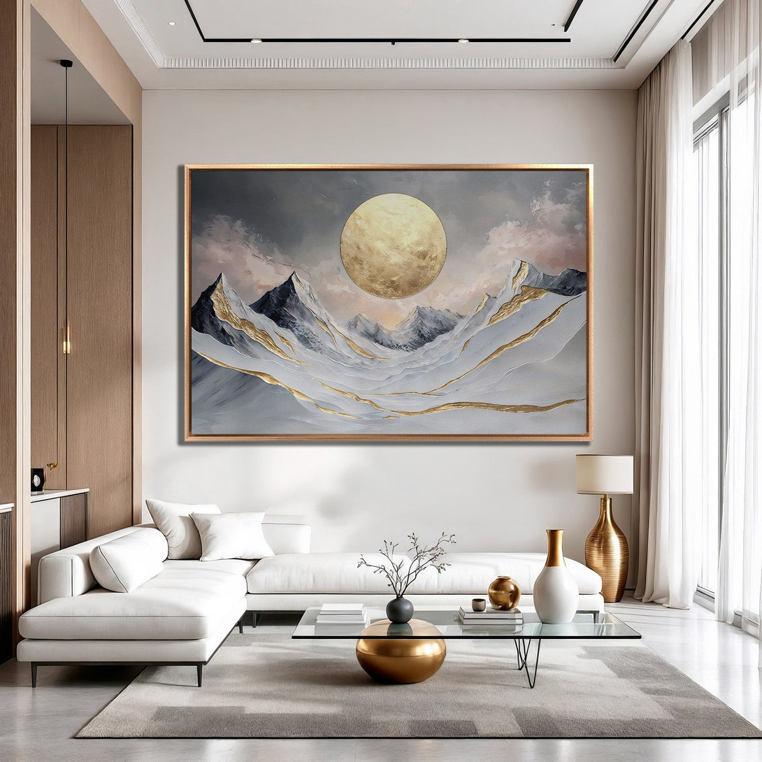 Framed Wall Art: Abstract mountain landscape in neutral tones with gold accents. Modern art for a stylish living room.