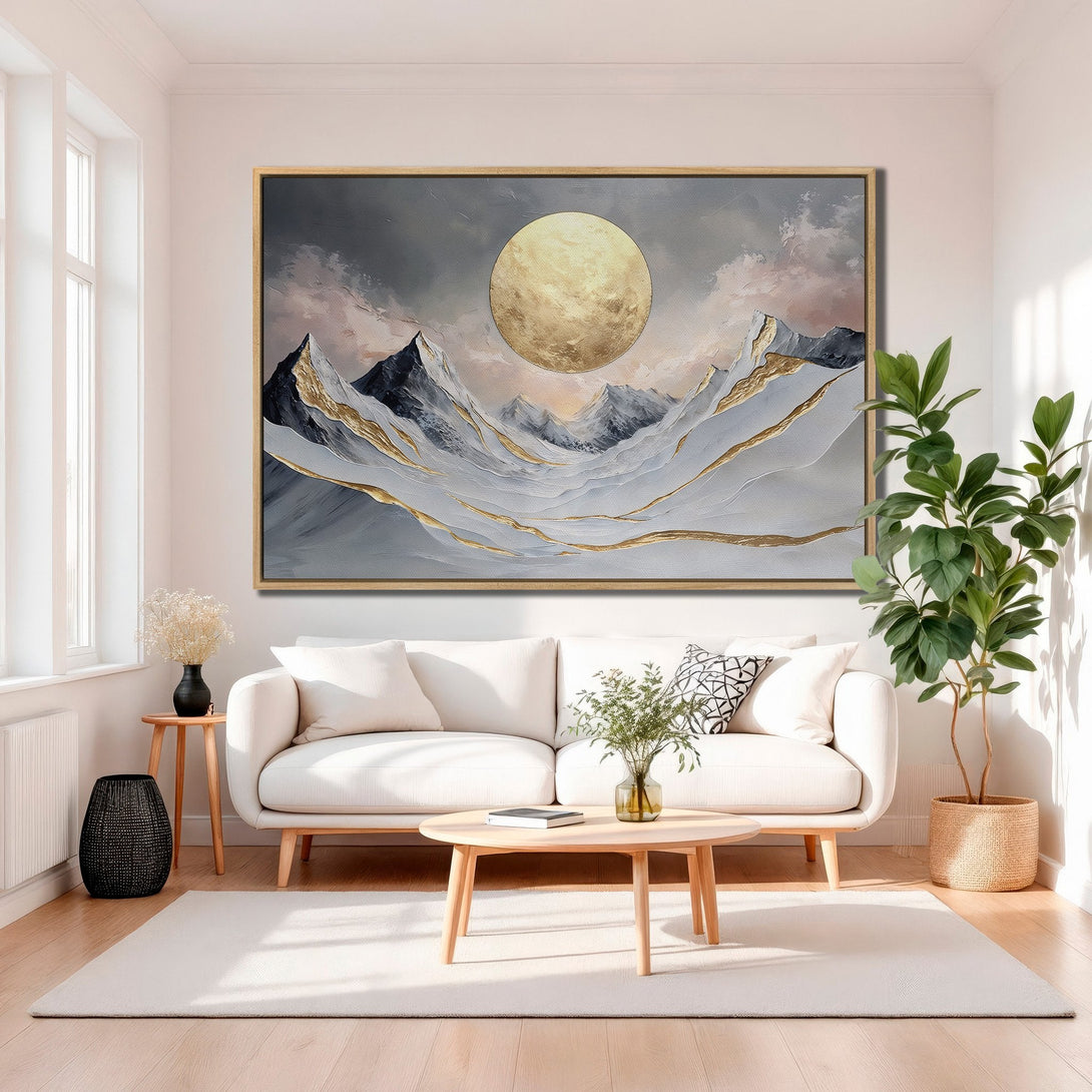 Framed Wall Art: Abstract mountain landscape Canvas Print with a gold and gray color palette, perfect for modern home decor.