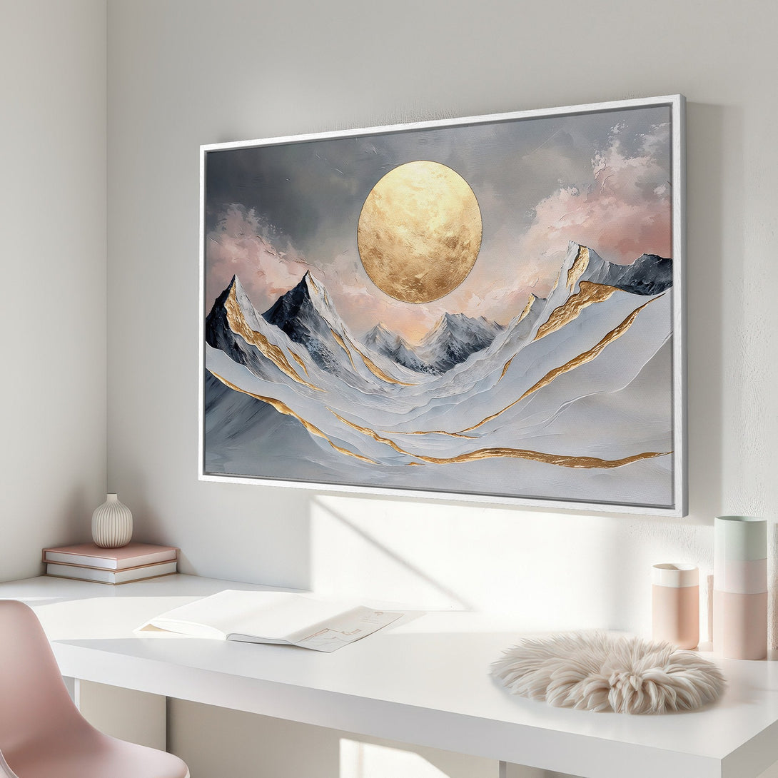 Framed Wall Art: Abstract mountain landscape with gold accents. Modern art in a neutral gray, pink, and gold color palette. Perfect for home decor.