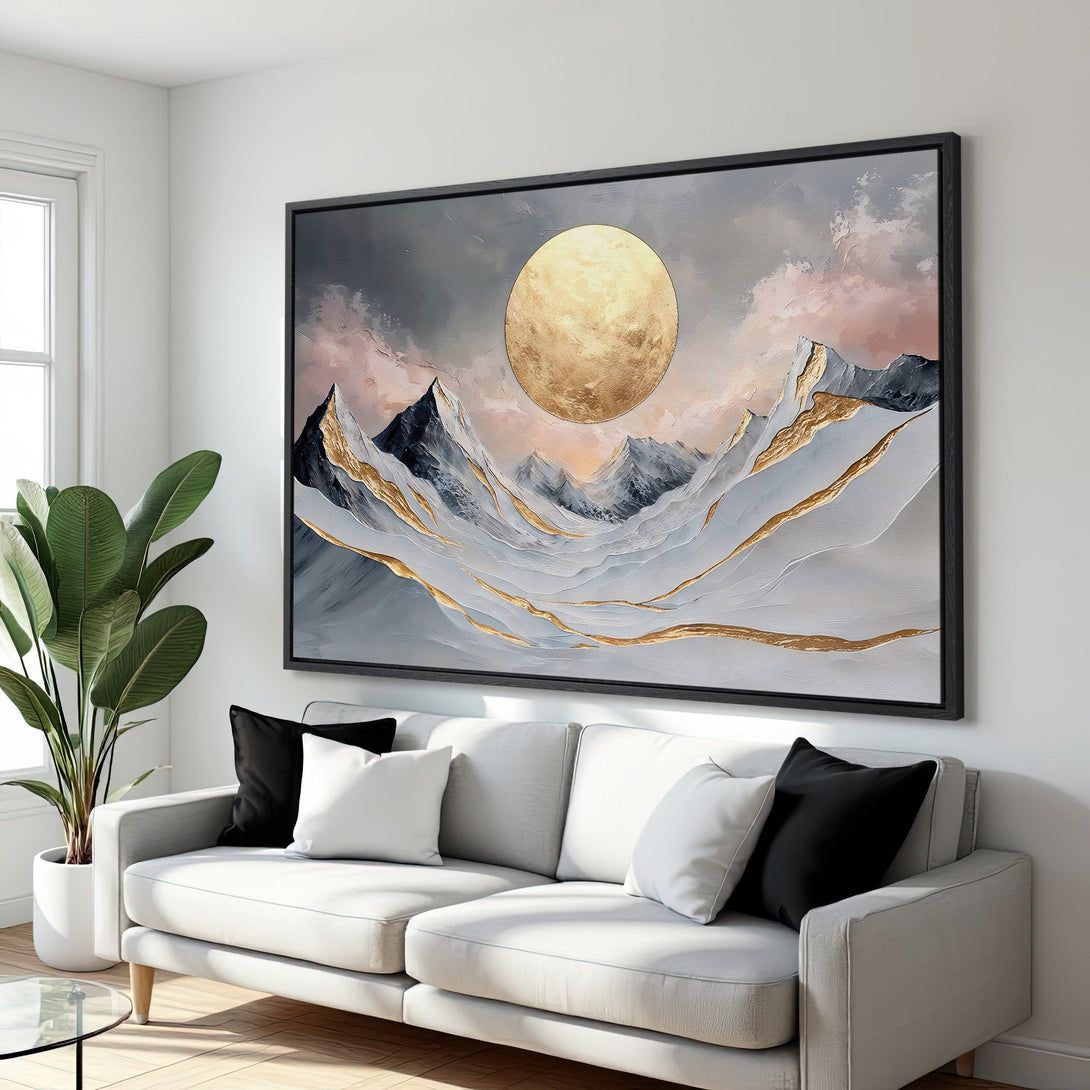 Framed Wall Art: Abstract mountain landscape Canvas Print in neutral tones with gold accents. Modern art for home decor.