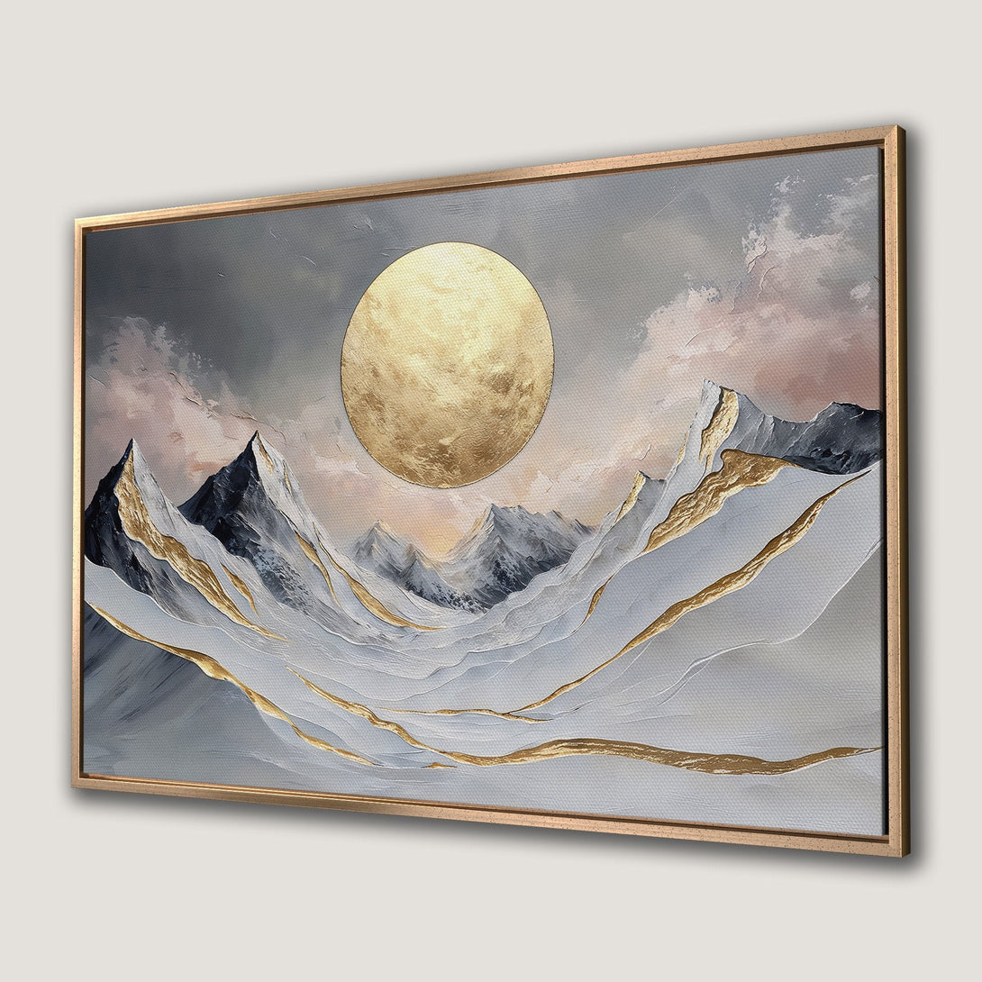 Framed Wall Art: Abstract mountain landscape canvas print with gold accents. Neutral color palette with gray, white, and gold. Modern art for home decor.
