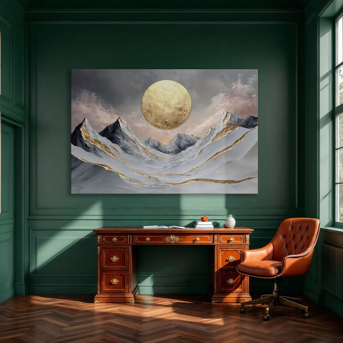 Framed Wall Art: Abstract mountain landscape with gold accents. Modern canvas print in a neutral, elegant color palette, perfect for dining room decor.