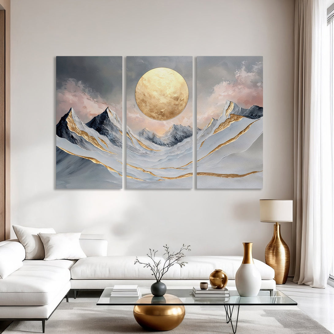 Abstract Canvas Print of mountains with gold accents, featuring a gray, gold, and pink color palette, perfect for modern decor.