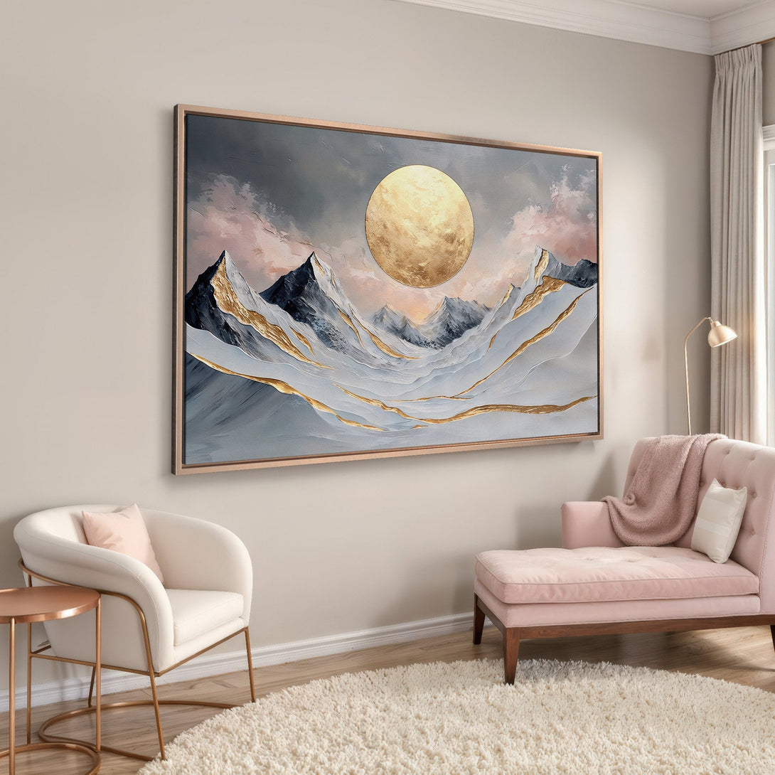 Framed Wall Art: Abstract mountain landscape in gray, gold, and blush tones. Modern art canvas print adds a touch of elegance to any room.
