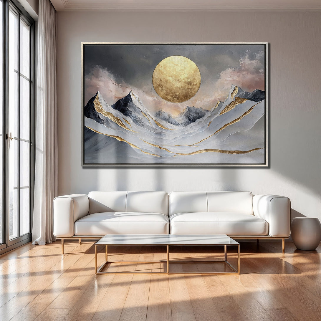 Framed Wall Art: Abstract mountain landscape with gold accents, displayed in a modern interior. Features a neutral color palette of gray, white, and gold.