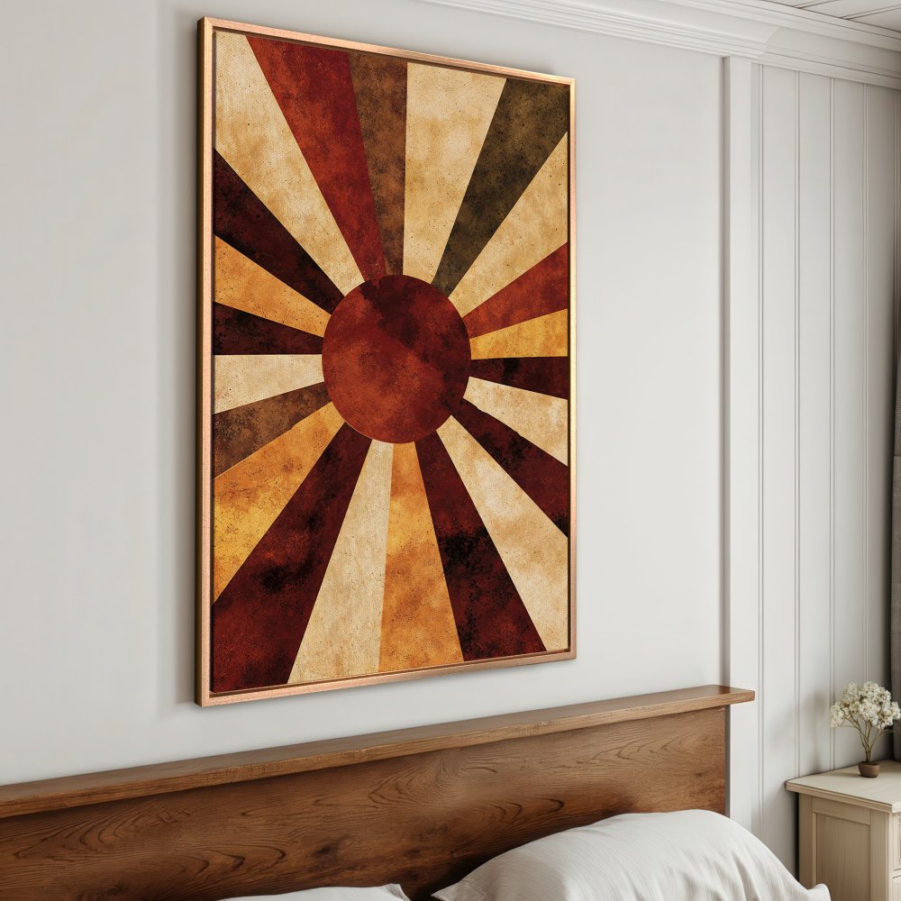 Framed Wall Art: Abstract sunburst design in warm earth tones. Perfect for adding a touch of retro style to your bedroom decor. Shop now!