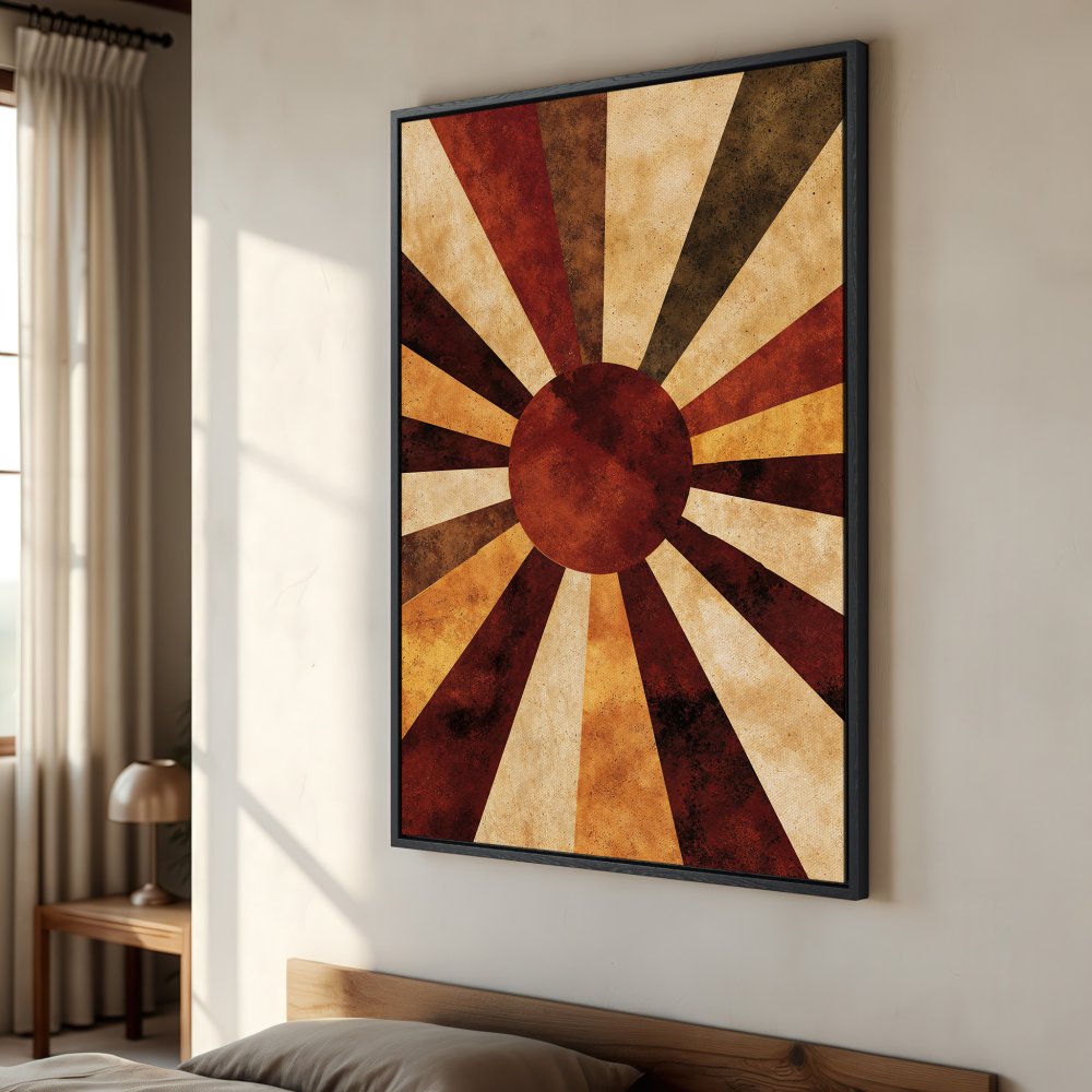 Framed Wall Art featuring a retro sunburst design in warm, earthy tones. Perfect for adding a vintage touch to any room.
