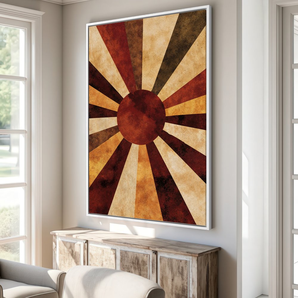 Framed Wall Art: Abstract sunburst design in warm earth tones. Add a touch of retro style to your home with this unique canvas print!