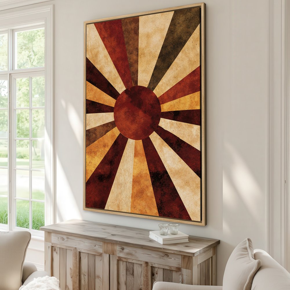 Framed Wall Art: Abstract sunburst design in warm earthy tones. Perfect for adding a touch of boho style to your home decor. Shop now!