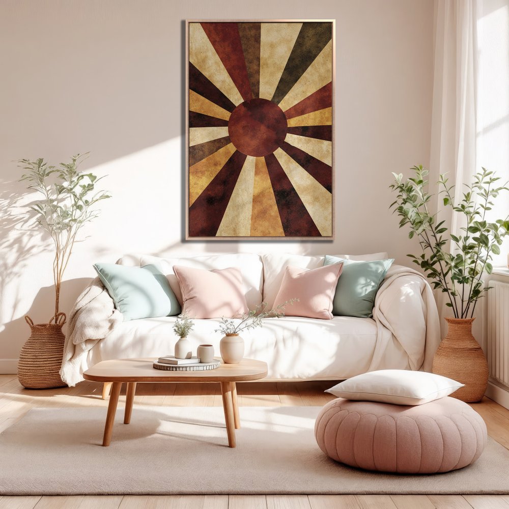Framed Wall Art: Abstract sunburst design in warm earth tones. Perfect for adding a touch of boho style to your living room. Shop now!