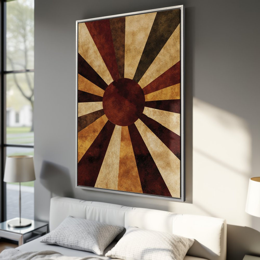 Framed Wall Art: Abstract sunburst design in warm earth tones. Elevate your space with this stylish canvas print!