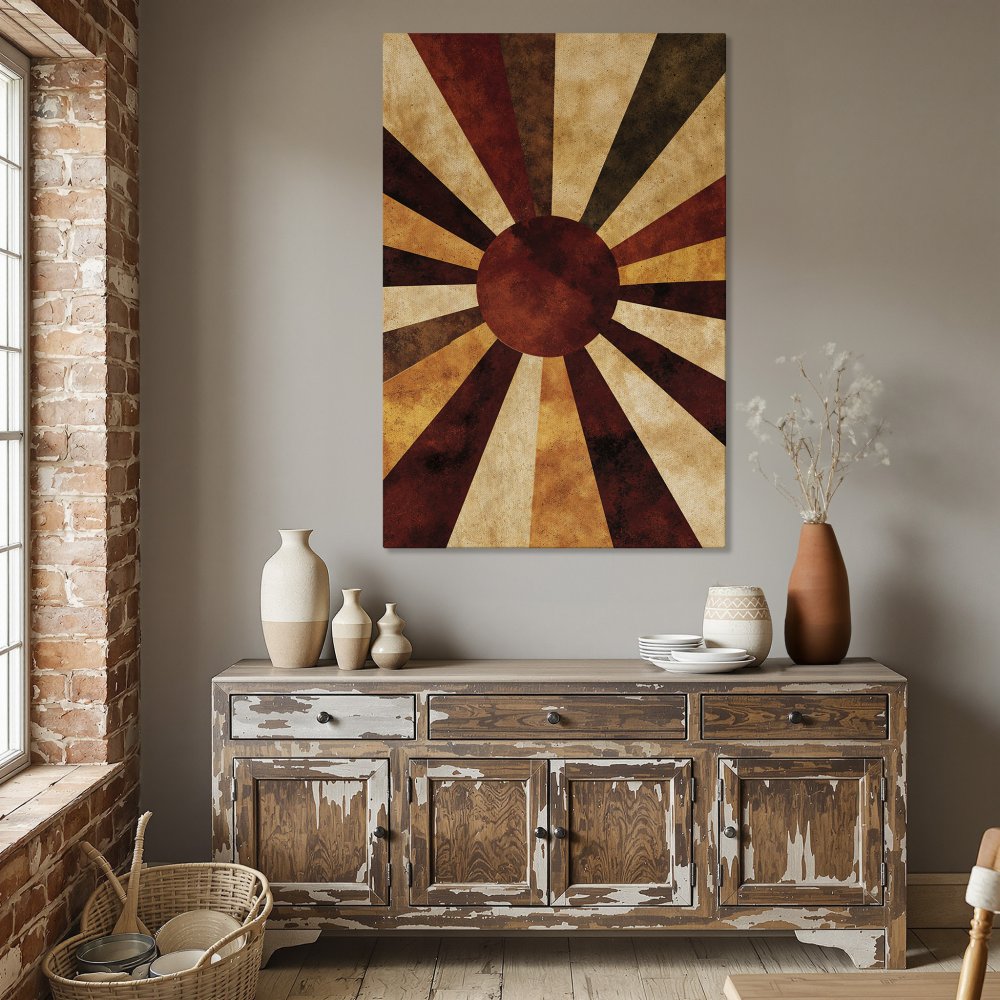 Framed Wall Art featuring a retro sunburst design in warm earth tones. Perfect for adding a pop of color & style to your dining room.