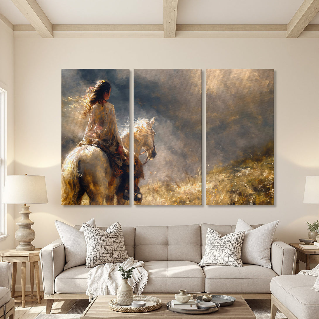 Canvas Print of a woman riding a horse, impressionistic style, warm neutral color palette, perfect for living room decor.