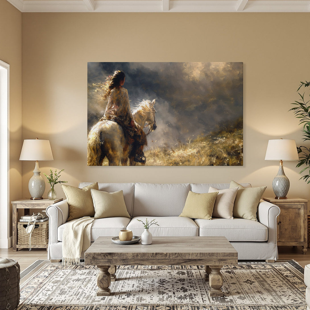 Framed Wall Art: Equestrian painting in warm tones. Features a woman on a white horse, perfect for adding a touch of elegance to your home decor.