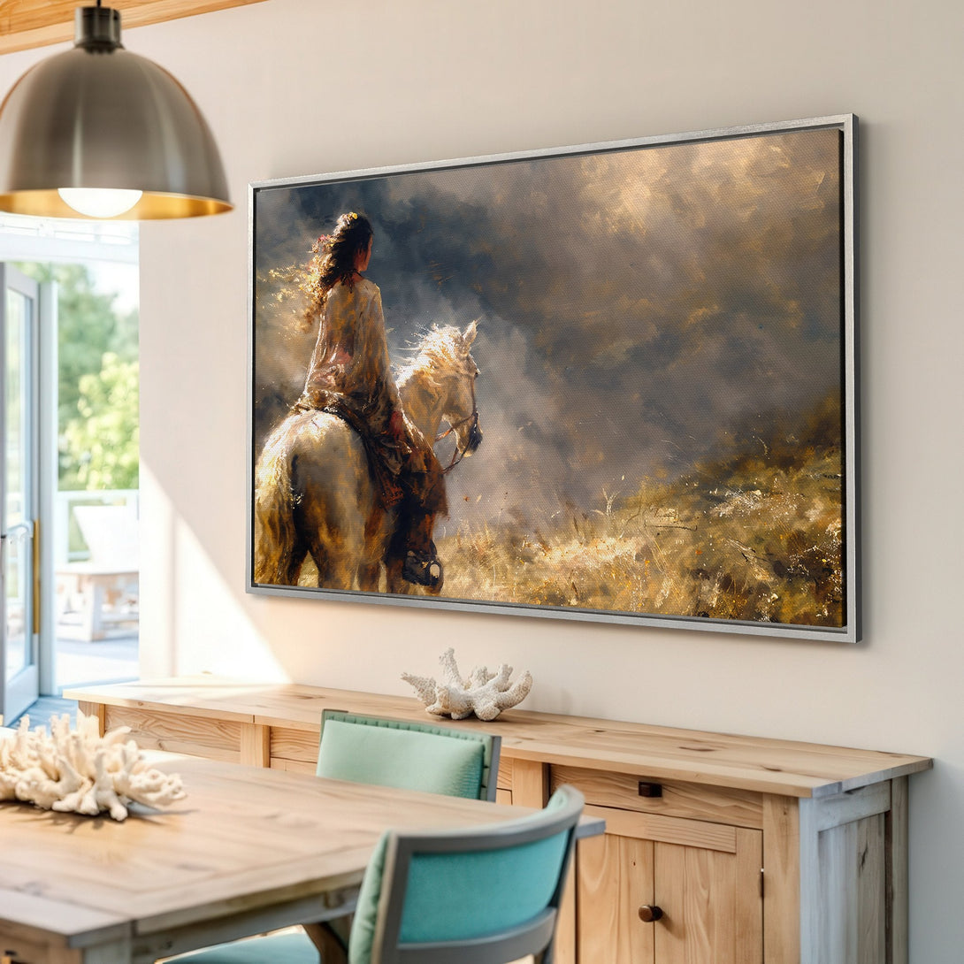 Framed Wall Art: Equestrian painting in warm, earthy tones. A woman rides a horse through a field, capturing a rustic, artistic style. Perfect for home decor.