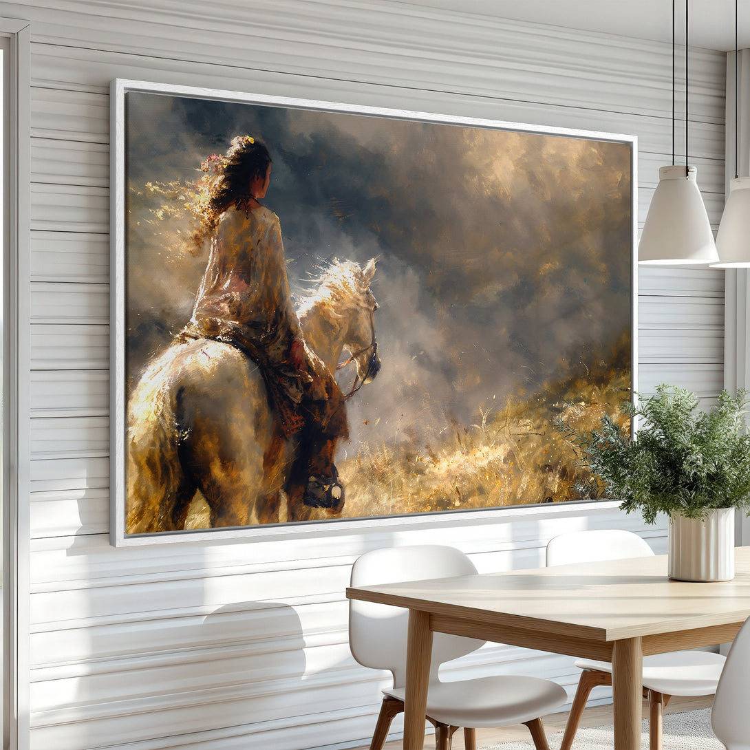 Framed Wall Art: Woman on horseback canvas print in warm, earthy tones. Evokes a sense of freedom and adventure. Perfect for living rooms.