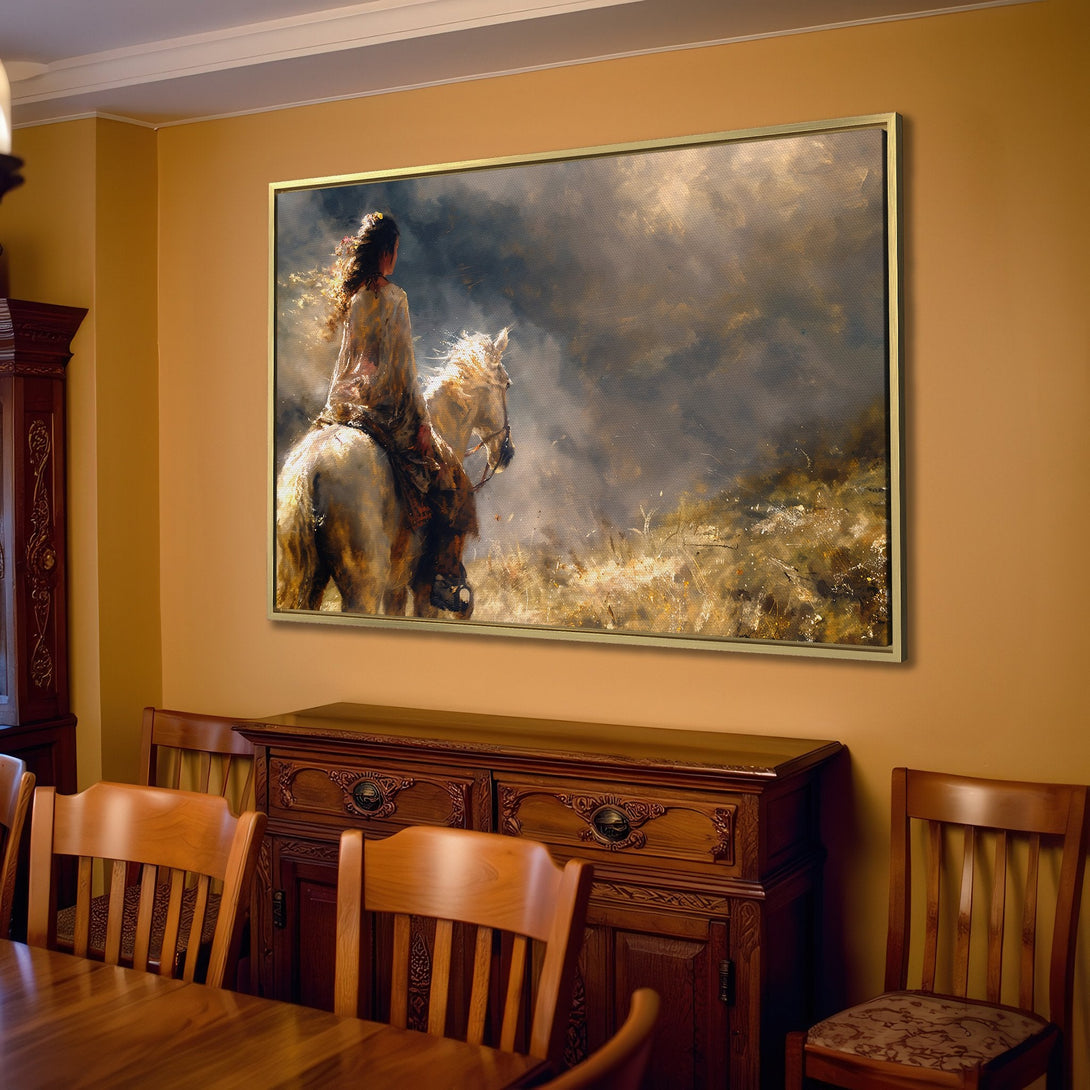 Canvas Print of woman riding a horse, impressionistic style, warm neutral color palette. Adds elegance to any interior.