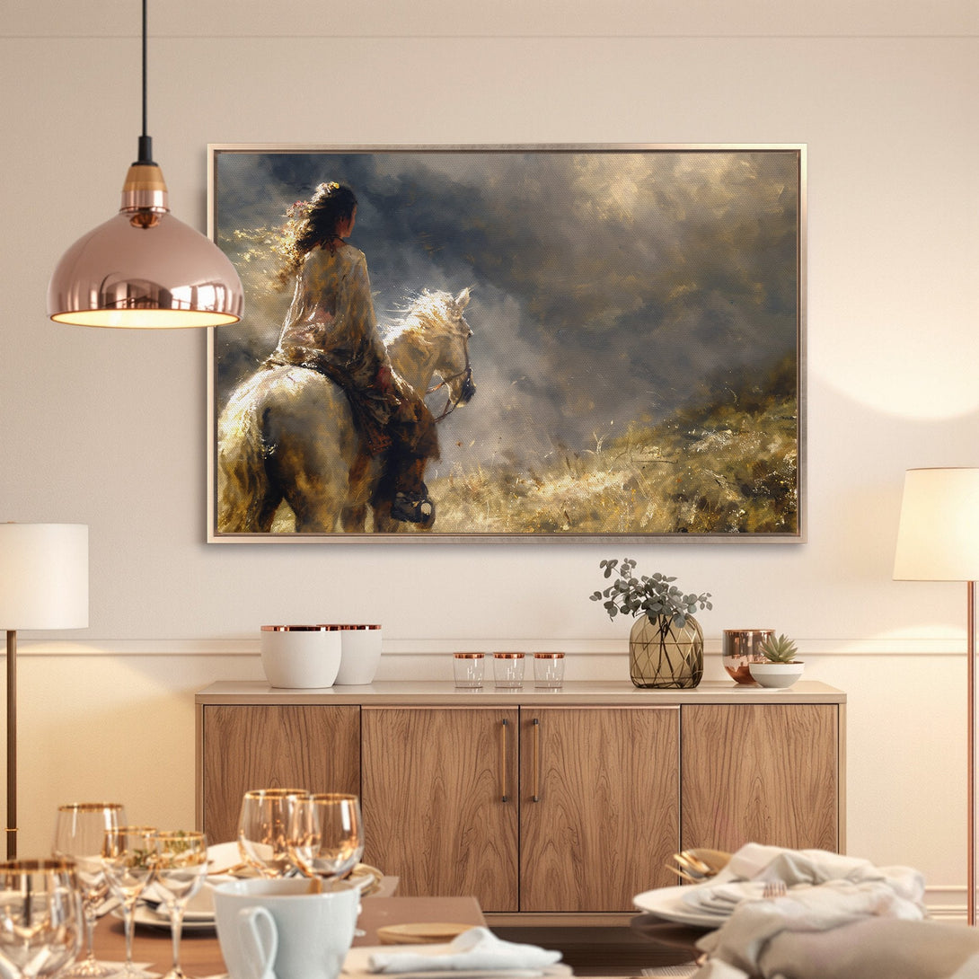 Framed Wall Art: Dramatic painting of a woman riding a horse. Earthy tones and a touch of gold create a stunning focal point for any room.