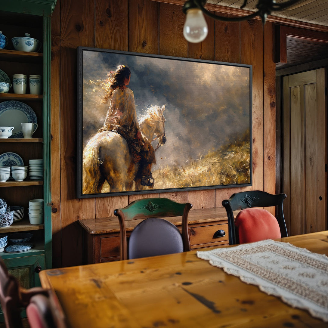 Framed Wall Art: Impressionist painting of a woman on a horse, warm earthy tones, perfect for rustic decor. Bring art to your home!