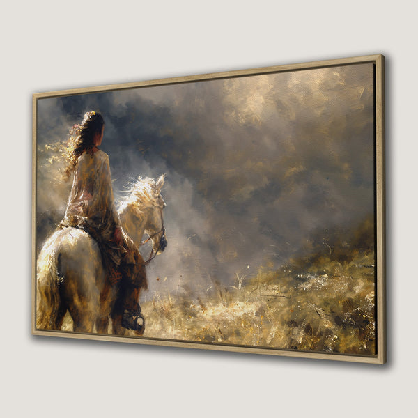 Framed Wall Art: Woman on horseback in a dramatic, painterly style with a warm, earthy color palette. Perfect for adding a touch of elegance.