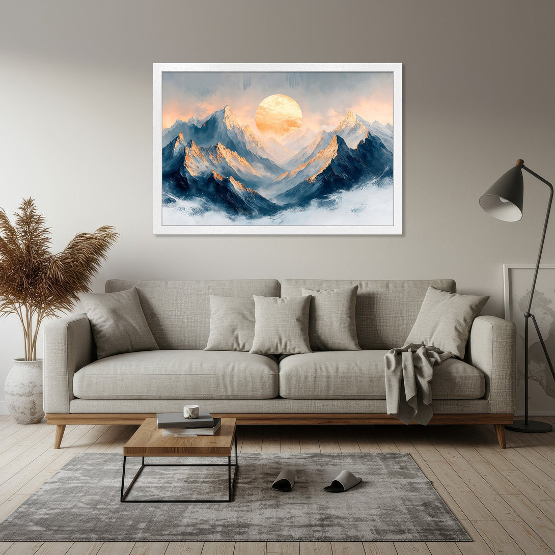 Framed Poster featuring a mountain landscape with a warm color palette. Perfect art for your home!