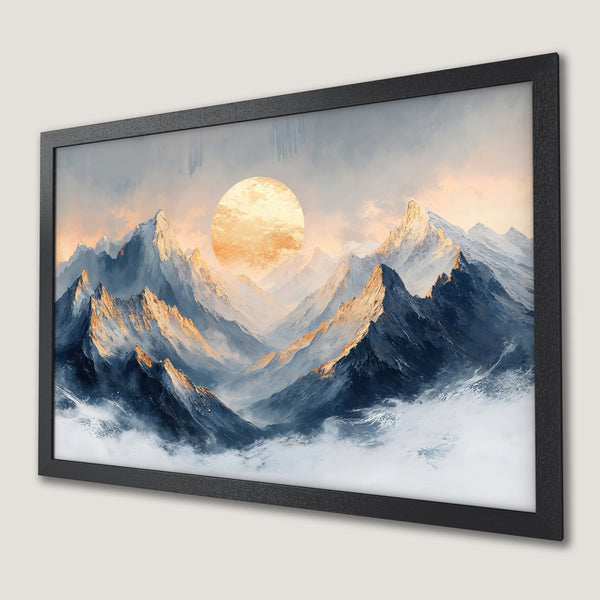 Framed Poster: Majestic mountain landscape art print with warm sunset colors. Modern wall decor.