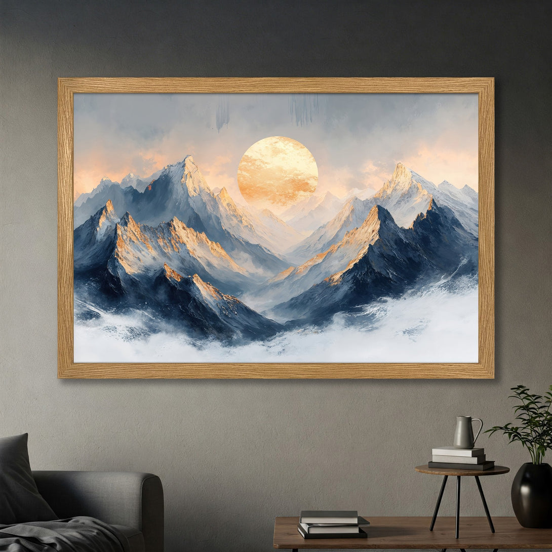 Framed Poster featuring a stunning mountain landscape with a warm sunset. Artistic style, blue, gold, and gray color palette. Perfect wall art!