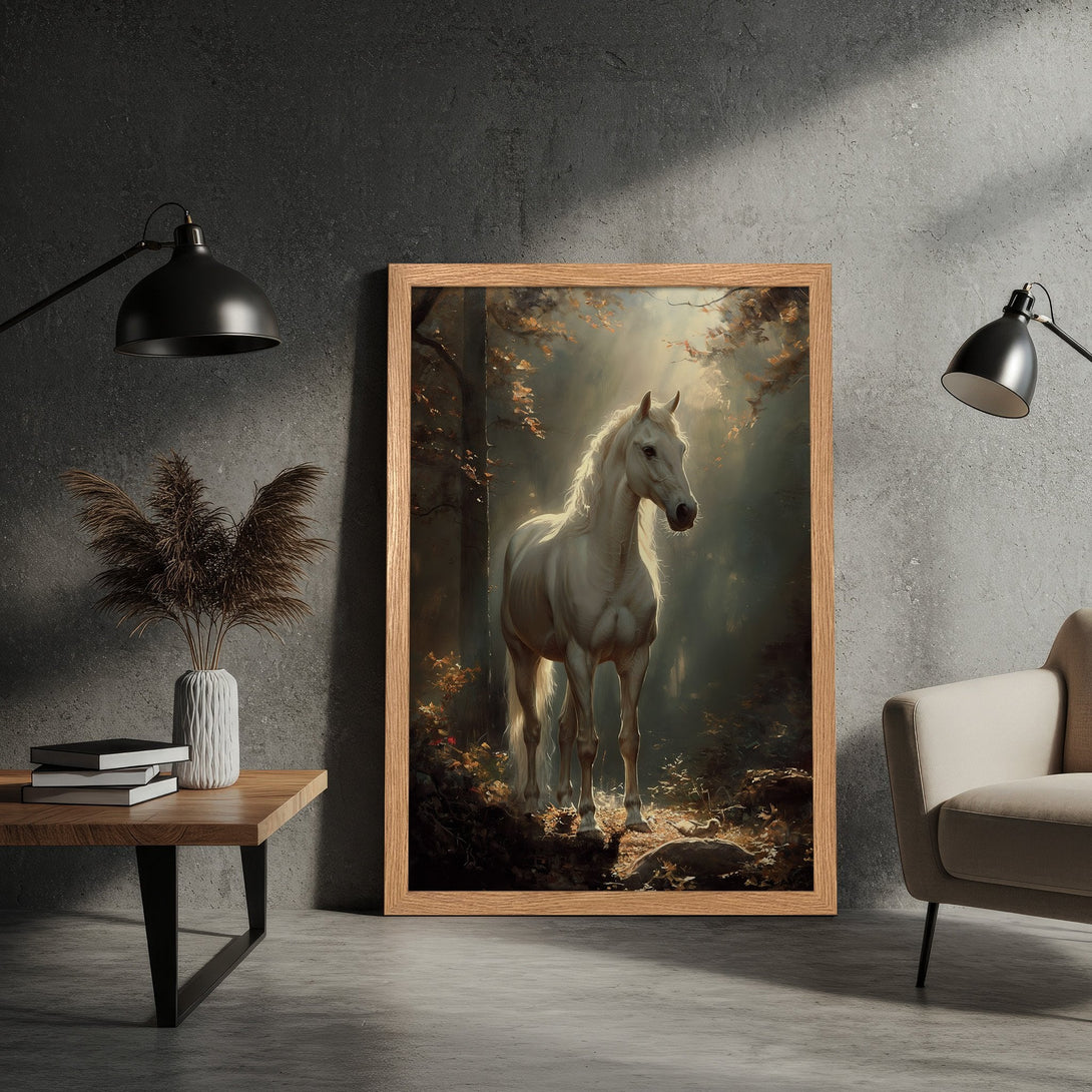Framed Poster featuring a majestic white horse in a forest setting. Warm, earthy tones and artistic style. Perfect wall art!
