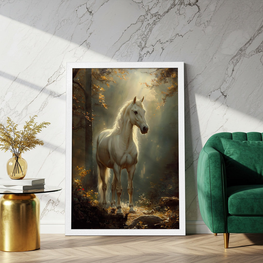 Framed Poster of a majestic white horse in a forest. Artistic style with earthy tones and soft lighting. Perfect wall art!