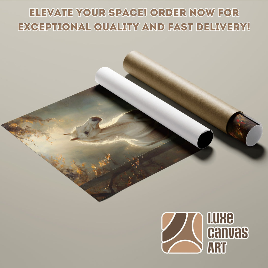 Poster Roll featuring a majestic white horse in a dreamy, warm-toned art style. Elevate your space with this stunning artwork!
