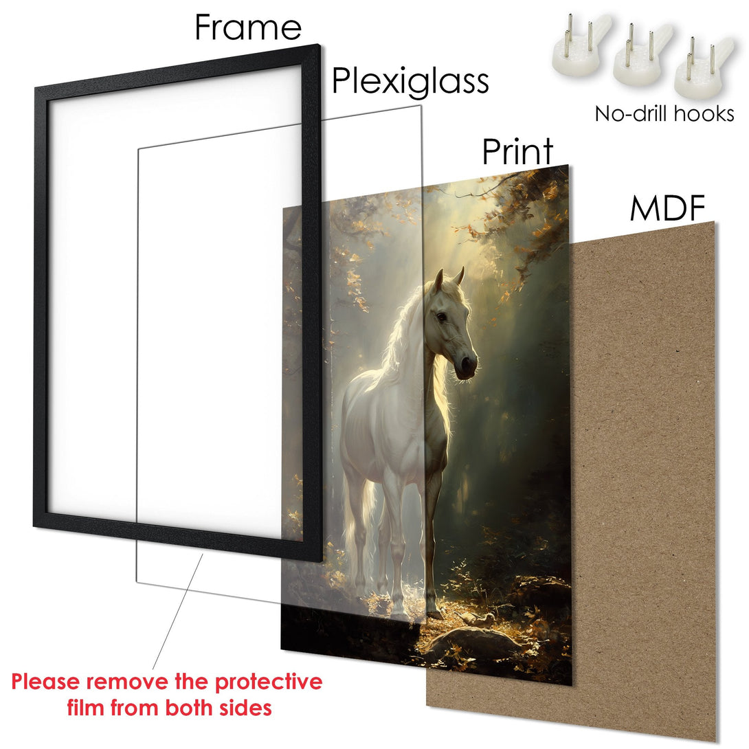 Framed Poster featuring a majestic white horse in a dreamy, artistic style with a warm, earthy color palette. Perfect wall art!
