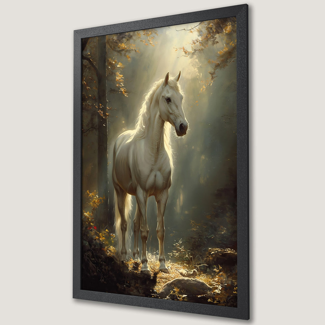 Framed Poster of a majestic white horse in a forest, artistic style with a warm, earthy color palette. Bring nature's beauty to your home!
