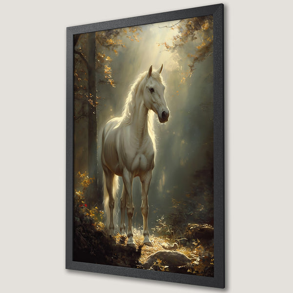 Framed Poster of a majestic white horse in a forest, artistic style with a warm, earthy color palette. Bring nature's beauty to your home!