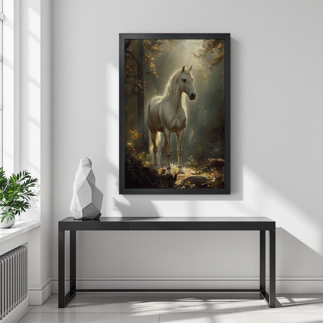 Framed Poster featuring a majestic white horse in a forest scene. Artistic style with warm, earthy tones and a touch of light. Perfect wall art!