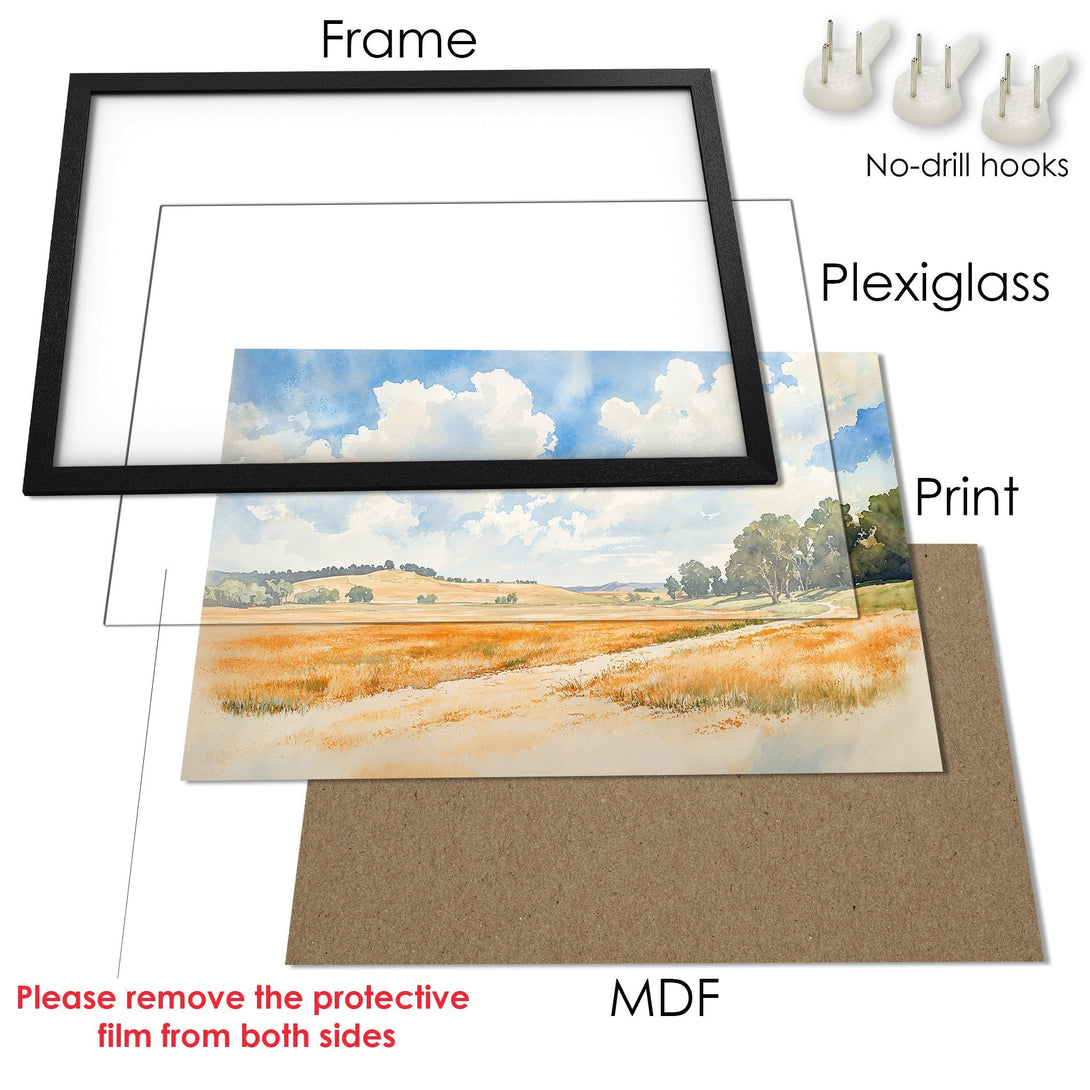 Framed Poster: Watercolor landscape art in warm earth tones and blue sky. Perfect wall decor for any room.