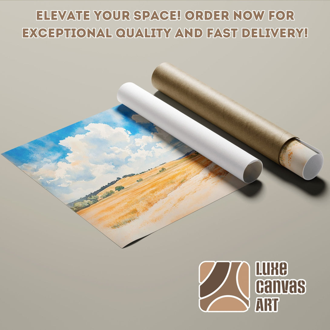 Watercolor landscape Poster Roll, featuring a blue sky and golden fields. Elevate your space!