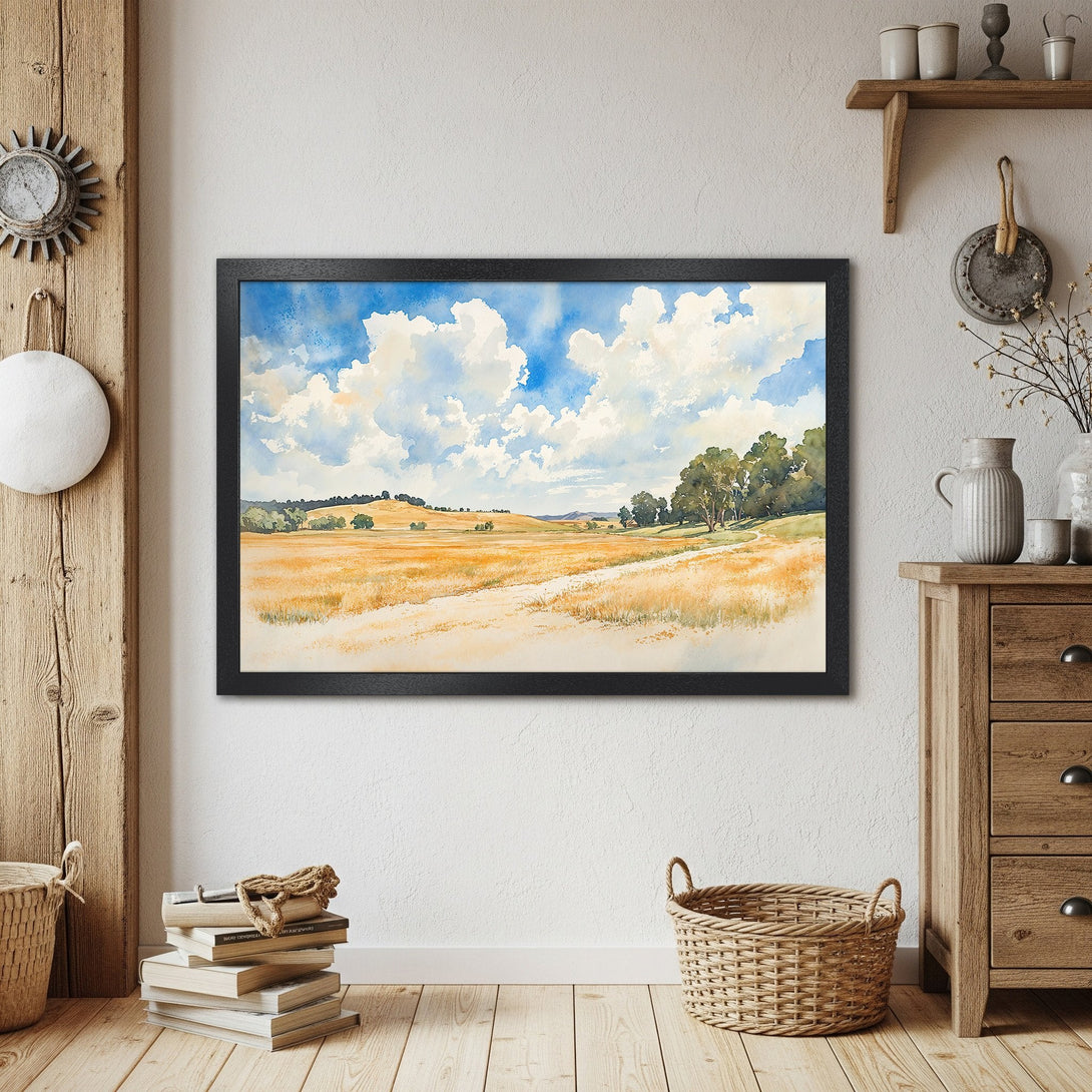 Framed Poster of a watercolor landscape. Features a sunny field with blue sky. Neutral color palette, perfect for home decor.