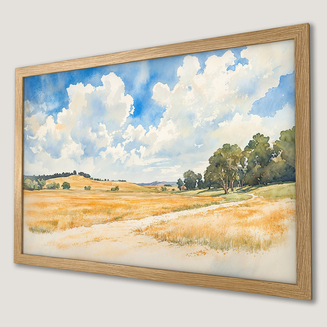 Framed Poster of a watercolor landscape with a blue sky, golden fields, and green trees. Adds a touch of nature to your home!